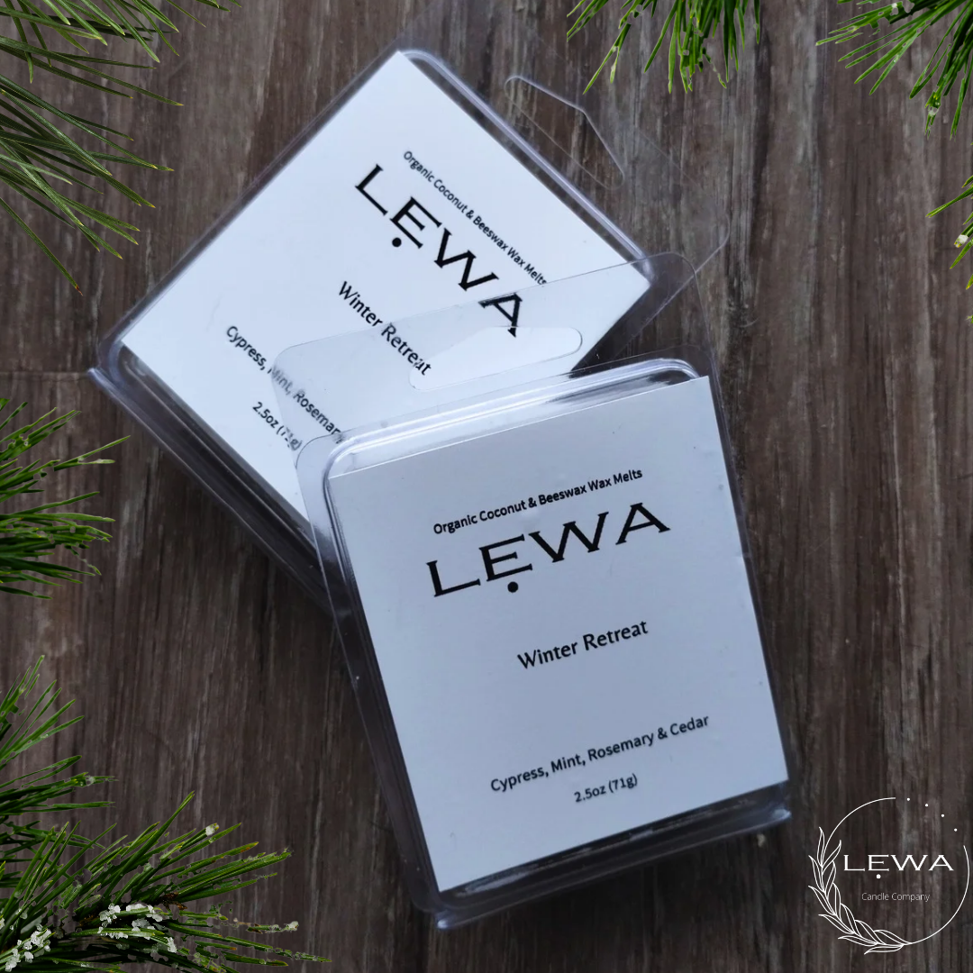 LEWA Winter Retreat wax melts, 6-cube clamshell, 2.5 oz coconut and beeswax blend with scents of fresh cypress, rosemary, mint, and cedar.