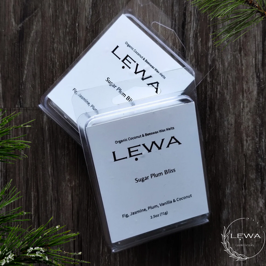 LEWA Sugar Plum Bliss wax melts in 6-cube clamshell, 2.5 oz, coconut and beeswax blend with scents of fig, jasmine, plum, vanilla, and coconut.