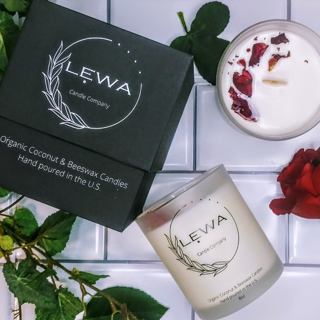 Top view of Authentic Organic Rose Scented Candle with dried rose decorations, LEWA logo, and signature black logo box.
