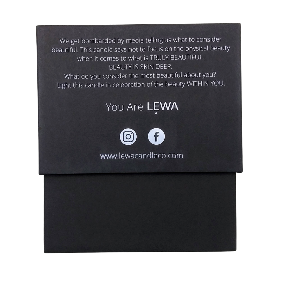 Message on the back of the black signature LEWA candle box: 'Light this candle in celebration of the beauty within you.'