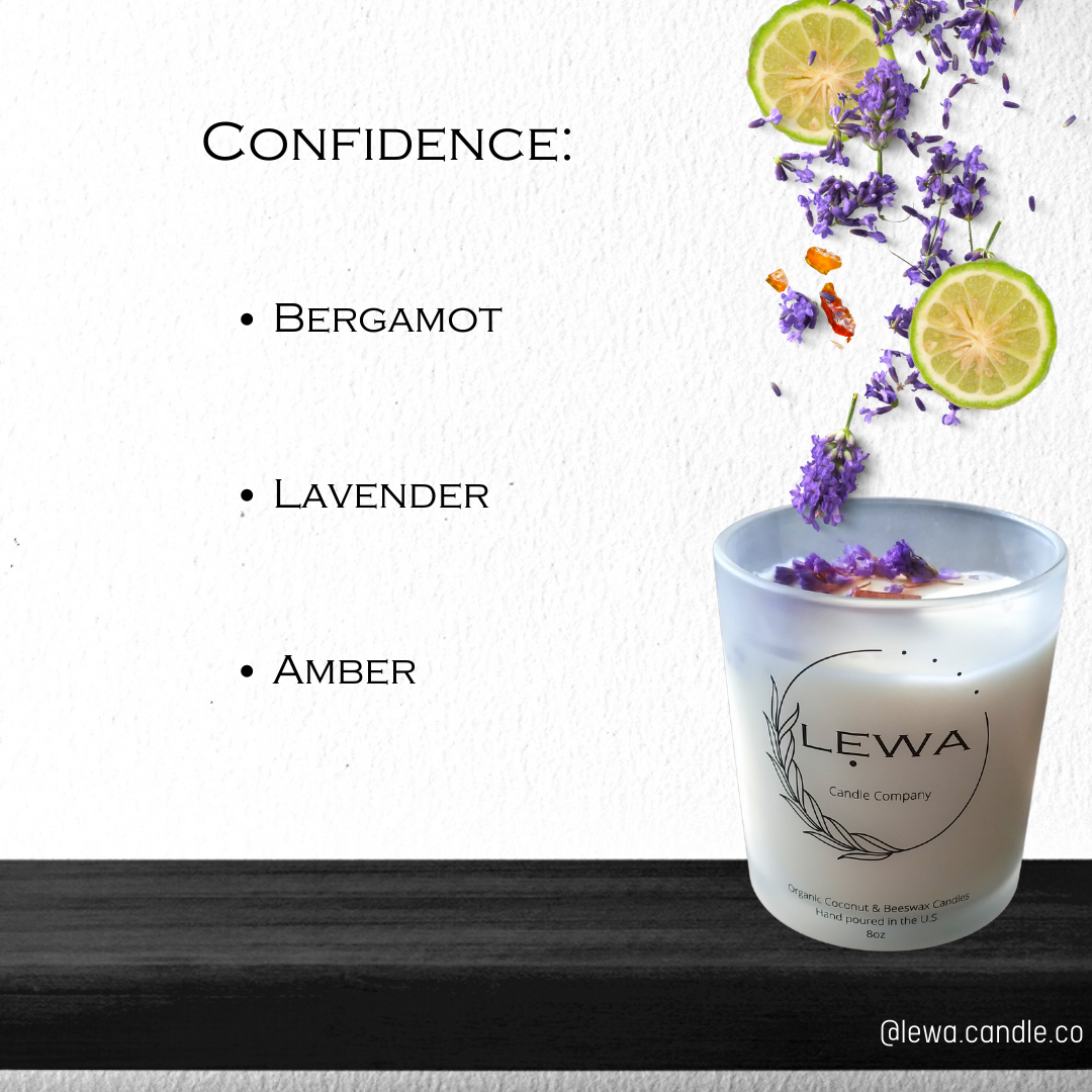 Lavender, bergamot, and amber scent notes falling into the 'Confidence' Candle, highlighting the soothing and uplifting fragrance blend.